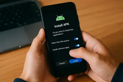 Hand holding a phone showing the Android install APK prompt