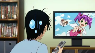 Anime playing on a television while a viewer watches with a remote