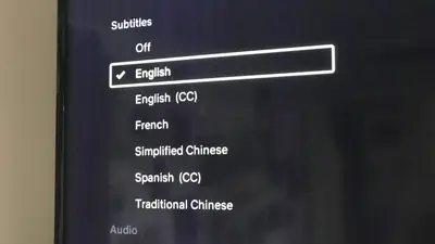 Subtitle language selection menu on a TV screen