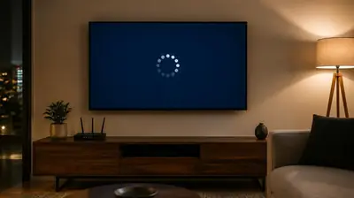 A television showing a loading spinner while buffering in a living room