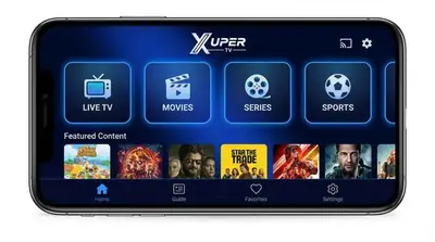 App home screen on a phone showing Live TV, Movies, Series and Sports sections