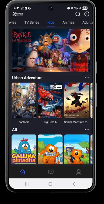 App kids section showing cartoons and family shows on a phone
